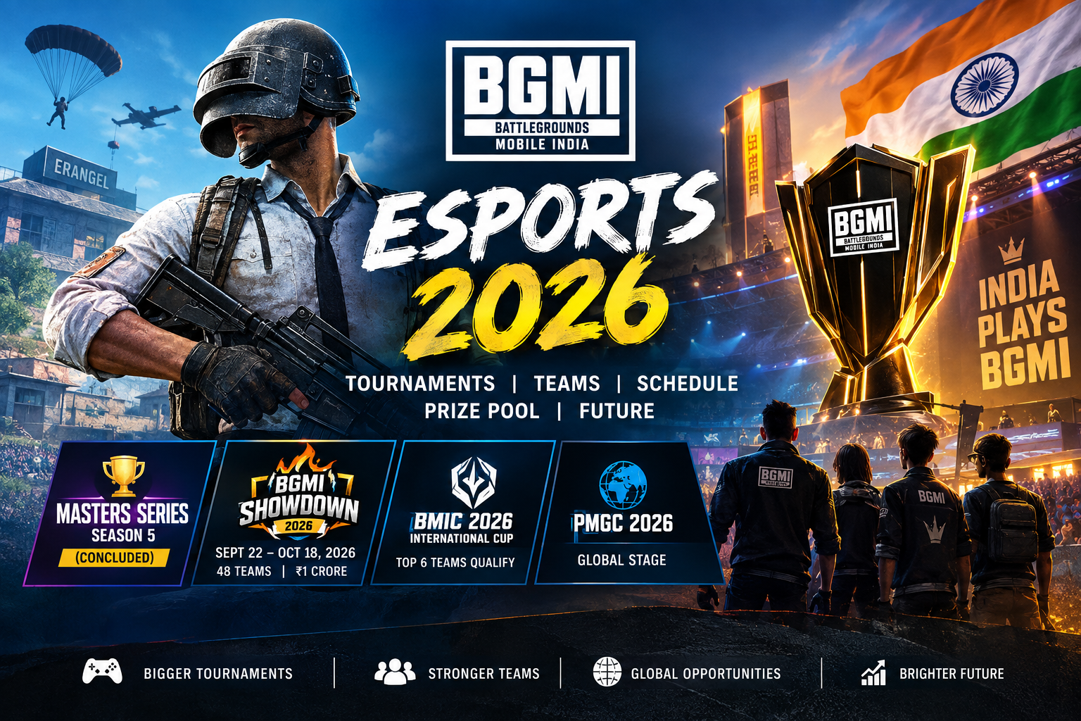 BGMI Esports 2026 tournament poster featuring a competitive player, BGMI trophy, Indian flag, Masters Series Season 5, BGMI Showdown 2026, BMIC 2026, PMGC 2026, teams, schedule and prize pool highlights.
